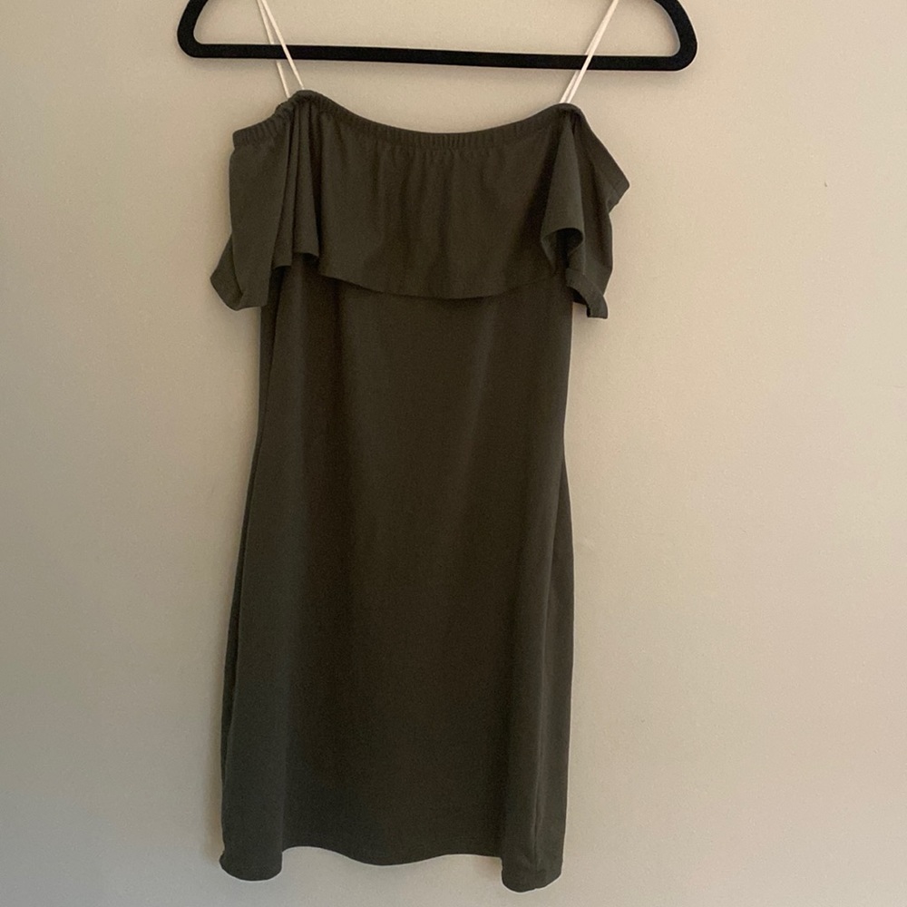 Off shoulder olive hip hugging mini dress